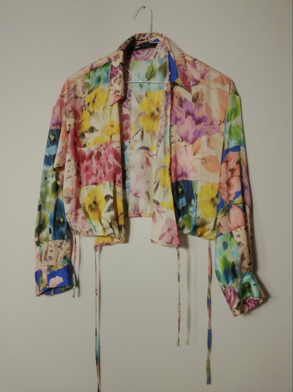 Zara Floral Patchwork Tie Front Cropped Blouse Jacket Multicolor
